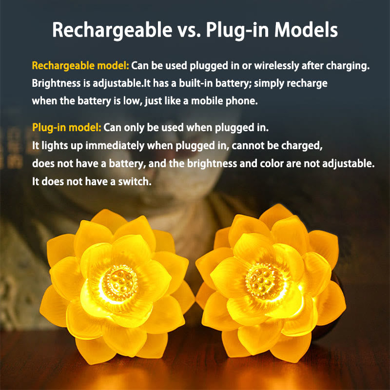Two glowing lotus LED lamps with rechargeable vs plug-in comparison, liuli decor