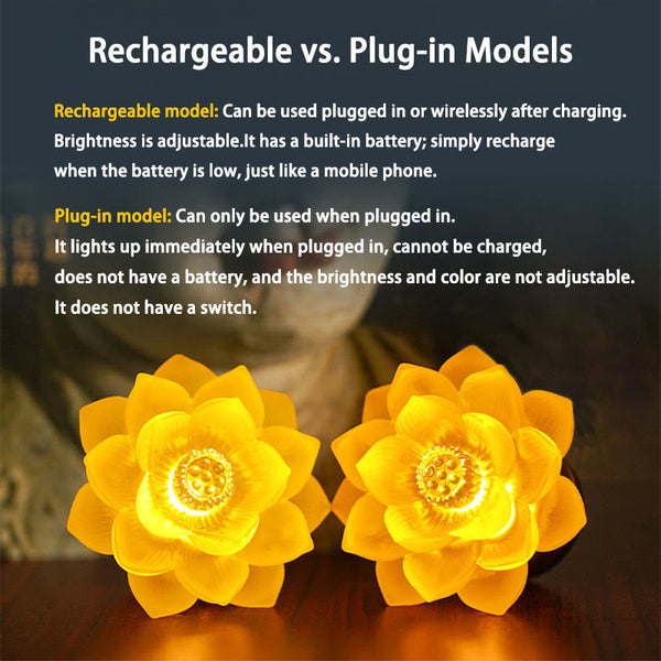 Two glowing lotus LED lamps with rechargeable vs plug-in comparison, liuli decor
