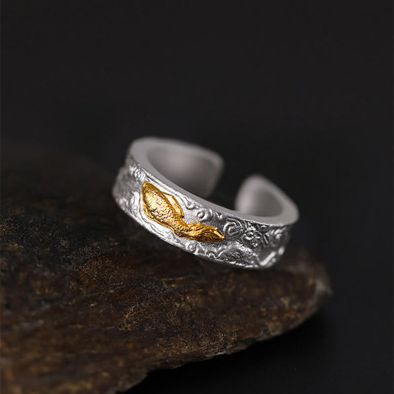 999 Silver Gold Koi Ring – Auspicious clouds engraving detail in gold and silver, feng shui ring close-up