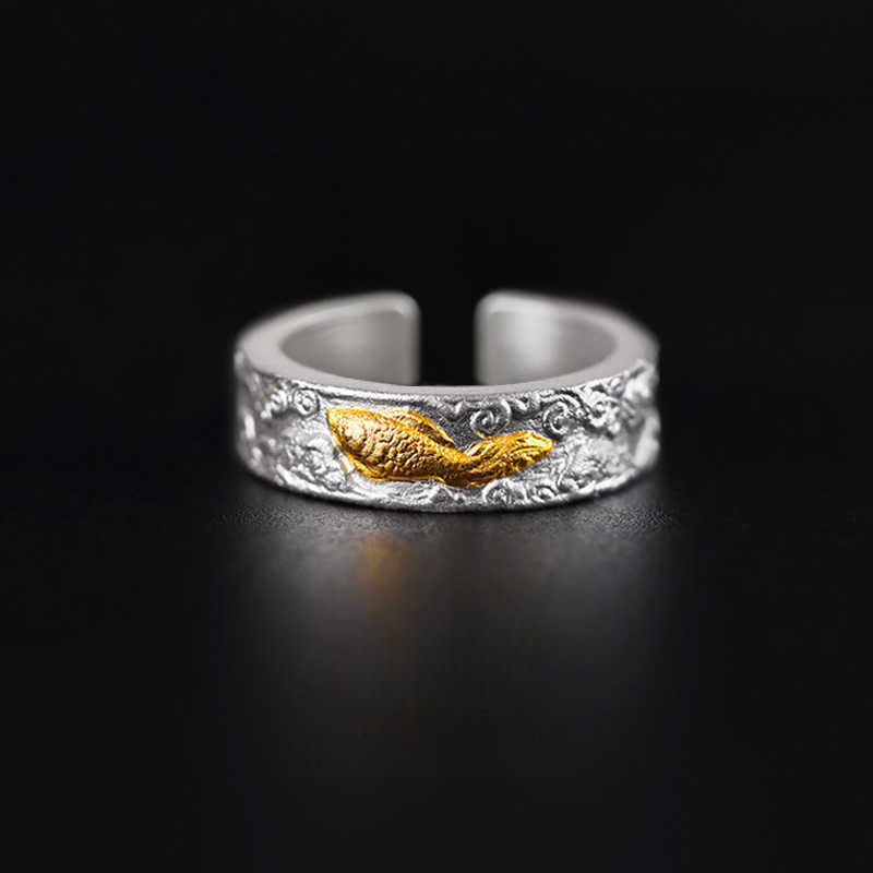 999 Silver Gold Koi Ring – Silver and gold ring with koi fish and auspicious clouds on black, luck jewelry