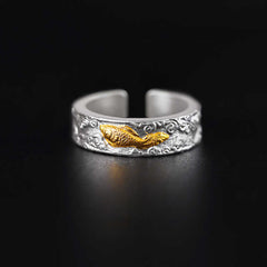 999 Silver Gold Koi Ring – Silver and gold ring with koi fish and auspicious clouds on black, luck jewelry