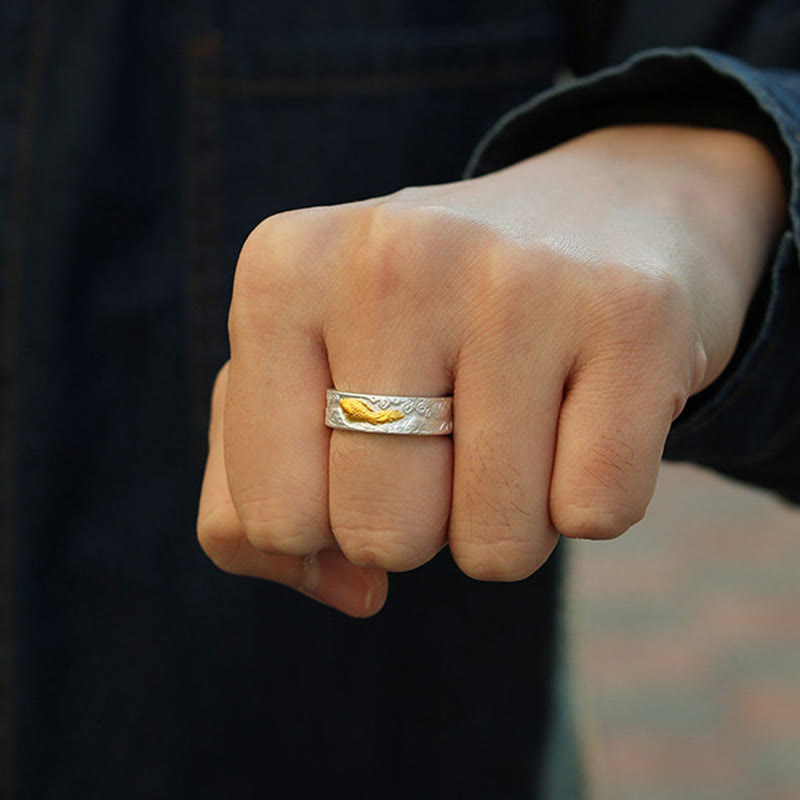 999 Silver Gold Koi Ring – Worn on finger showing koi and cloud design, sterling silver gold ring