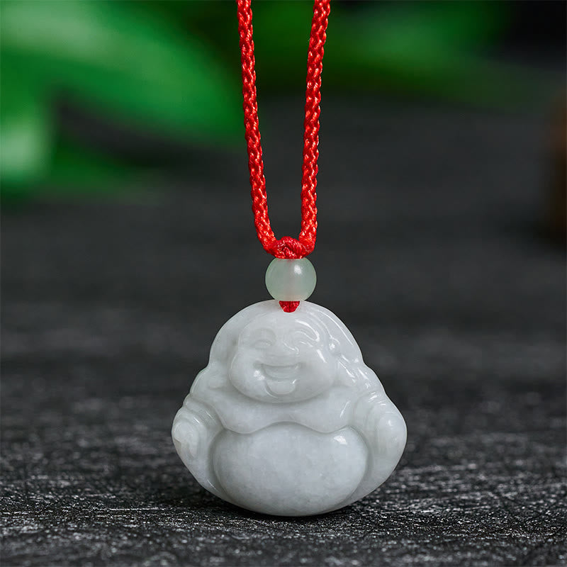 Jade Laughing Buddha Prosperity Necklace Pendant – front view of carved jade Buddha smiling, wealth charm necklace