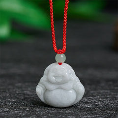 Jade Laughing Buddha Prosperity Necklace Pendant – front view of carved jade Buddha smiling, wealth charm necklace