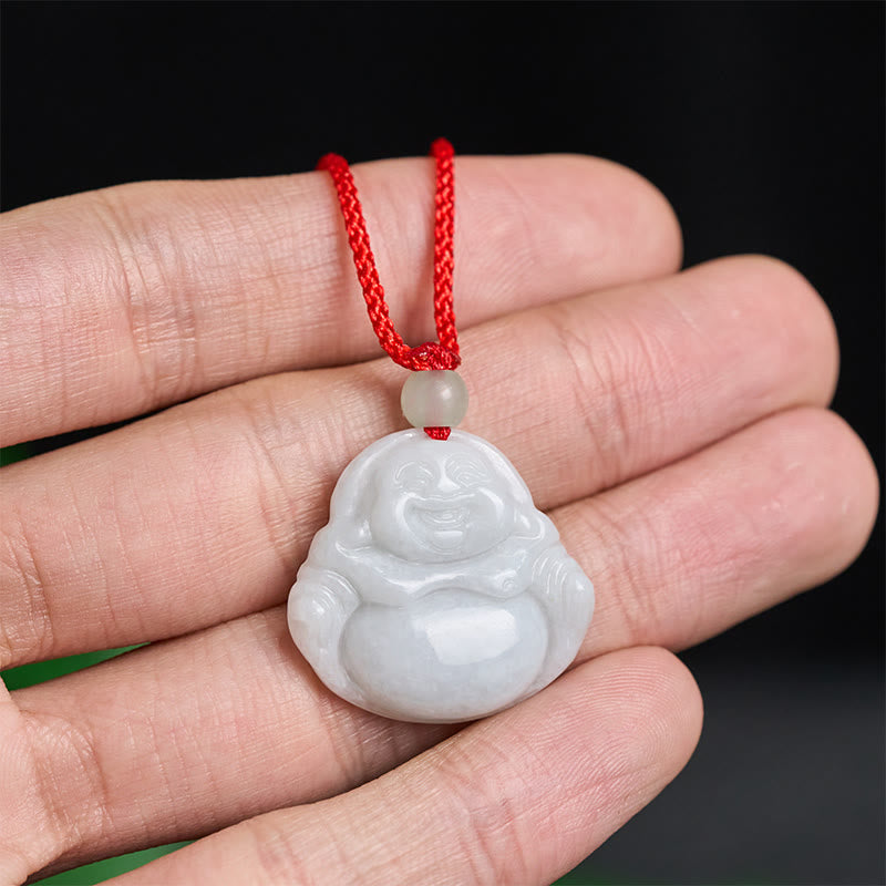 Jade Laughing Buddha Prosperity Necklace Pendant – side profile showing jade carving depth, three dimensional sculpture