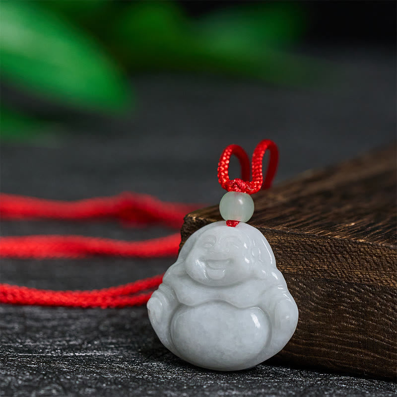 Jade Laughing Buddha Prosperity Necklace Pendant – natural jade color with subtle veins, authentic stone texture