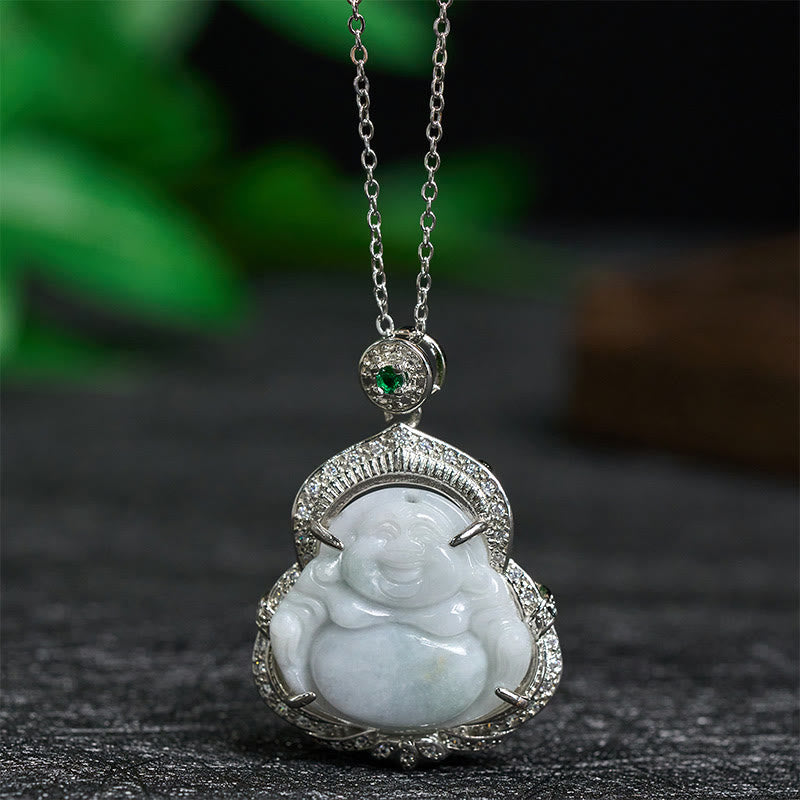 Jade Laughing Buddha Abundance Necklace Pendant – Hand-carved green jade Maitreya on silver chain, prosperity jewelry gift