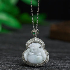 Jade Laughing Buddha Abundance Necklace Pendant – Hand-carved green jade Maitreya on silver chain, prosperity jewelry gift