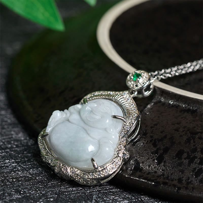 Jade Laughing Buddha Abundance Necklace Pendant – Natural green stone Hotei pendant on link chain, zen accessory