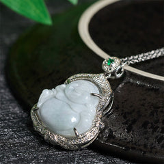 Jade Laughing Buddha Abundance Necklace Pendant – Natural green stone Hotei pendant on link chain, zen accessory