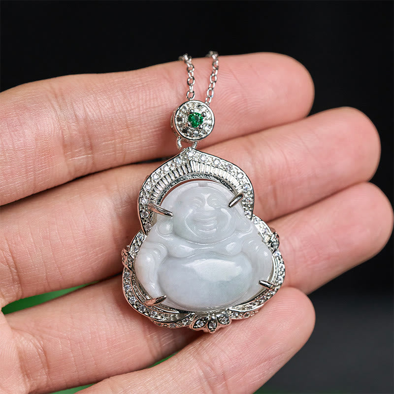 Jade Laughing Buddha Abundance Necklace Pendant – Translucent jadeite monk charm with detail carving, spiritual gift