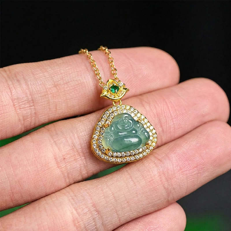 Jade Laughing Buddha Prosperity Necklace Pendant – back view of smooth polished jade stone, buddhist protection jewelry