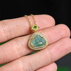 Jade Laughing Buddha Prosperity Necklace Pendant – back view of smooth polished jade stone, buddhist protection jewelry