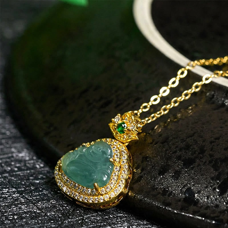 Jade Laughing Buddha Prosperity Necklace Pendant – side view of jade pendant showing thickness, prosperity amulet