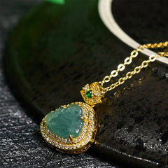 Jade Laughing Buddha Prosperity Necklace Pendant – side view of jade pendant showing thickness, prosperity amulet