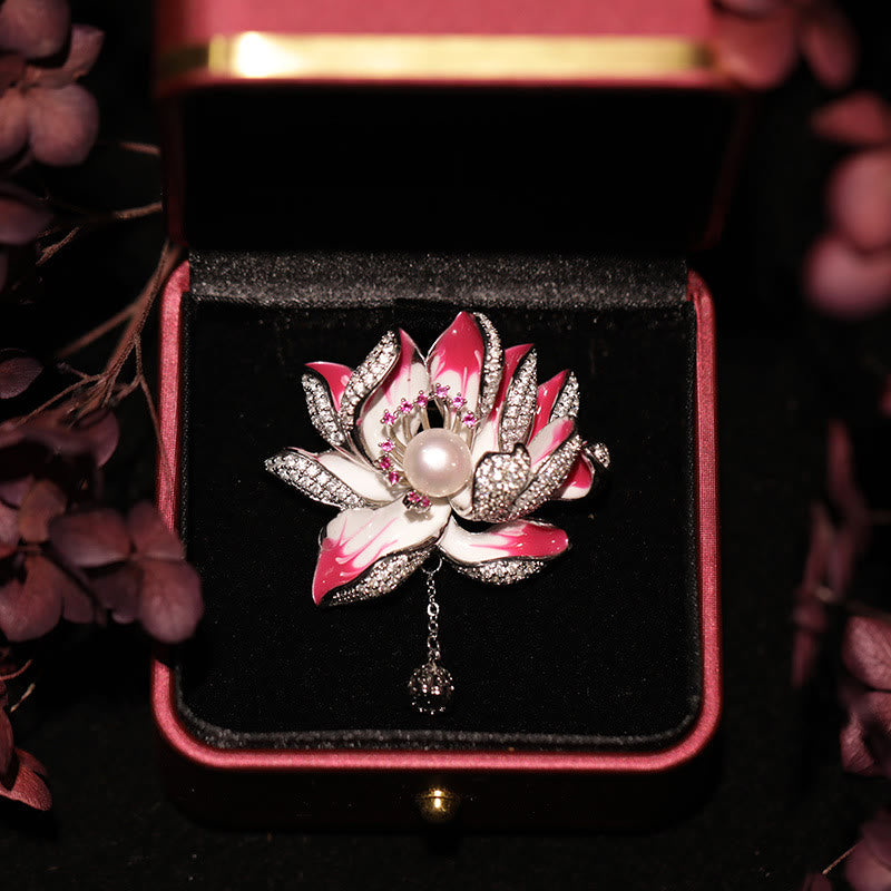 Lotus Flower Pearl Copper Brooch – centered pink lotus with pearl and crystals in black velvet box, gift brooch