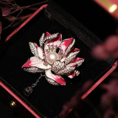 Lotus Flower Pearl Copper Brooch – pink enamel gradient petals with pearl center in jewelry box, floral pin