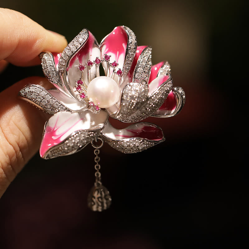 Lotus Flower Pearl Copper Brooch – hand-held pink enamel lotus with crystal dangle, silver-tone brooch