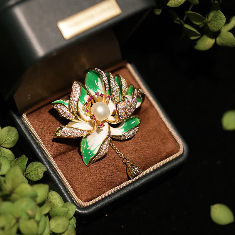 Lotus Flower Pearl Copper Brooch – green enamel petals with pearl center in velvet box, crystal brooch