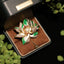 Lotus Flower Pearl Copper Brooch – green enamel petals with pearl center in velvet box, crystal brooch