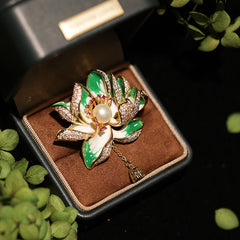 Lotus Flower Pearl Copper Brooch – green enamel petals with pearl center in velvet box, crystal brooch