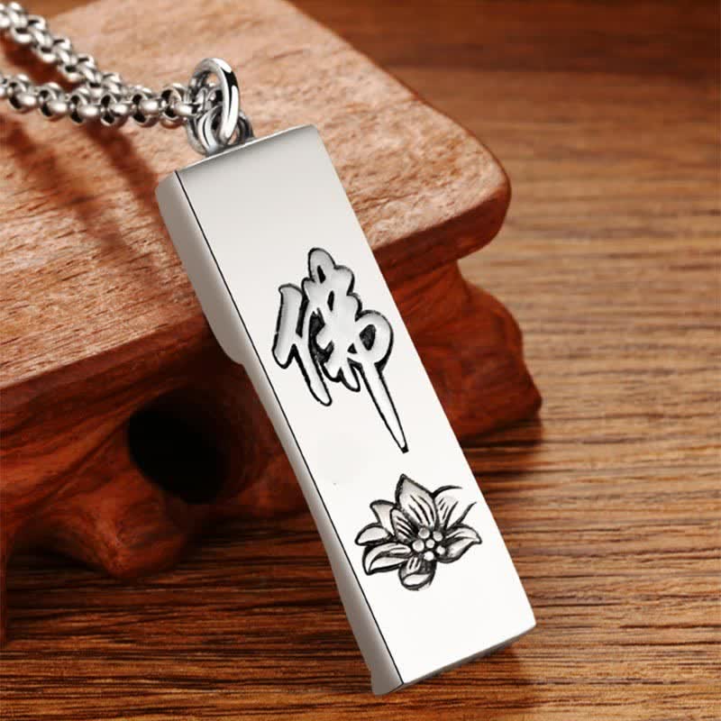 Tathagata Buddha Copper Amulet Necklace – back engraved with Buddha symbol and lotus flower on silver chain, detail, serenity
