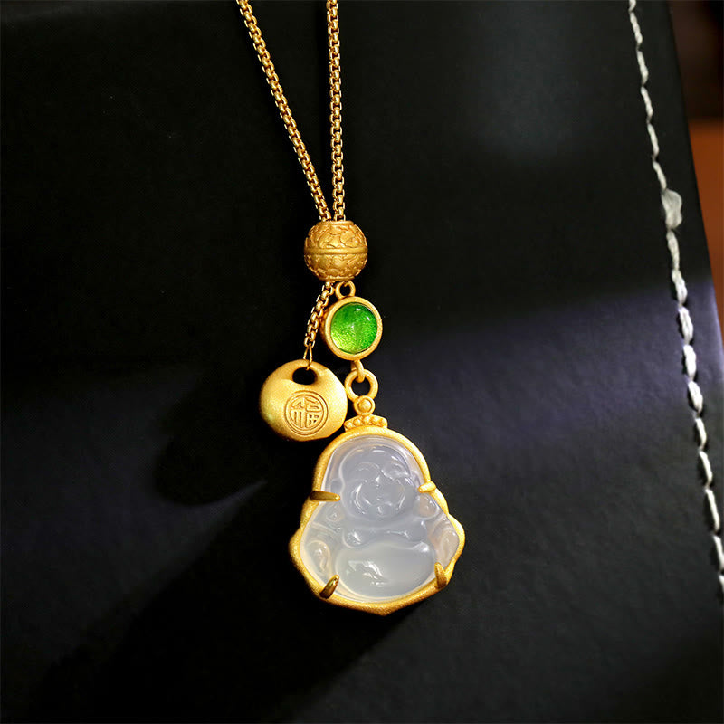 Fu Character Laughing Buddha Chalcedony Copper Fortune Necklace – front view with Fu symbol and Buddha, fortune charm