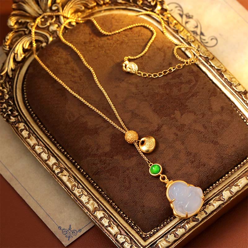 Fu Character Laughing Buddha Chalcedony Copper Fortune Necklace – Laughing Buddha carved in chalcedony, happiness symbol