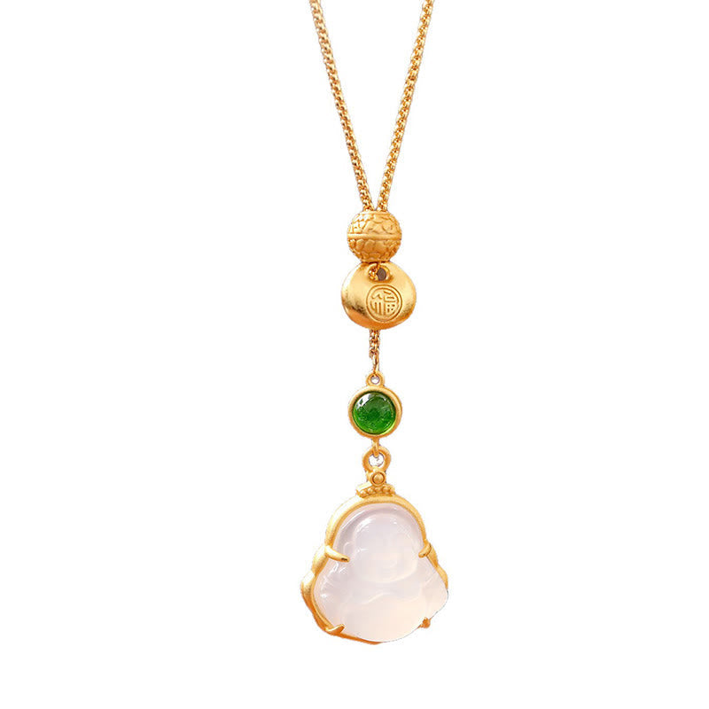 Fu Character Laughing Buddha Chalcedony Copper Fortune Necklace – Chinese Fu character engraving detail, blessing symbol