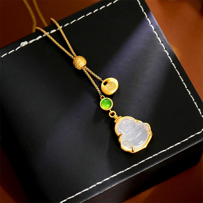 Fu Character Laughing Buddha Chalcedony Copper Fortune Necklace – chalcedony stone close-up showing milky translucence