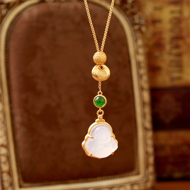Fu Character Laughing Buddha Chalcedony Copper Fortune Necklace – copper frame detail around chalcedony, metal craft
