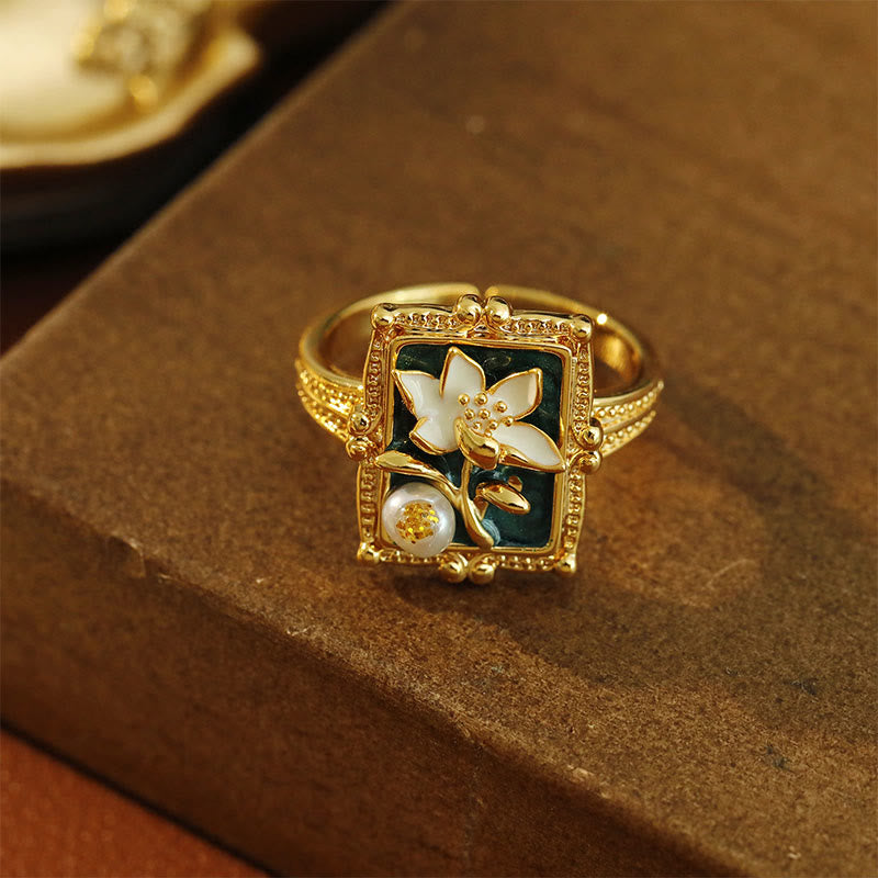 Vintage Lotus Pearl Copper Ring – rectangular green enamel face with white lotus and pearl accent, split shank, vintage ring