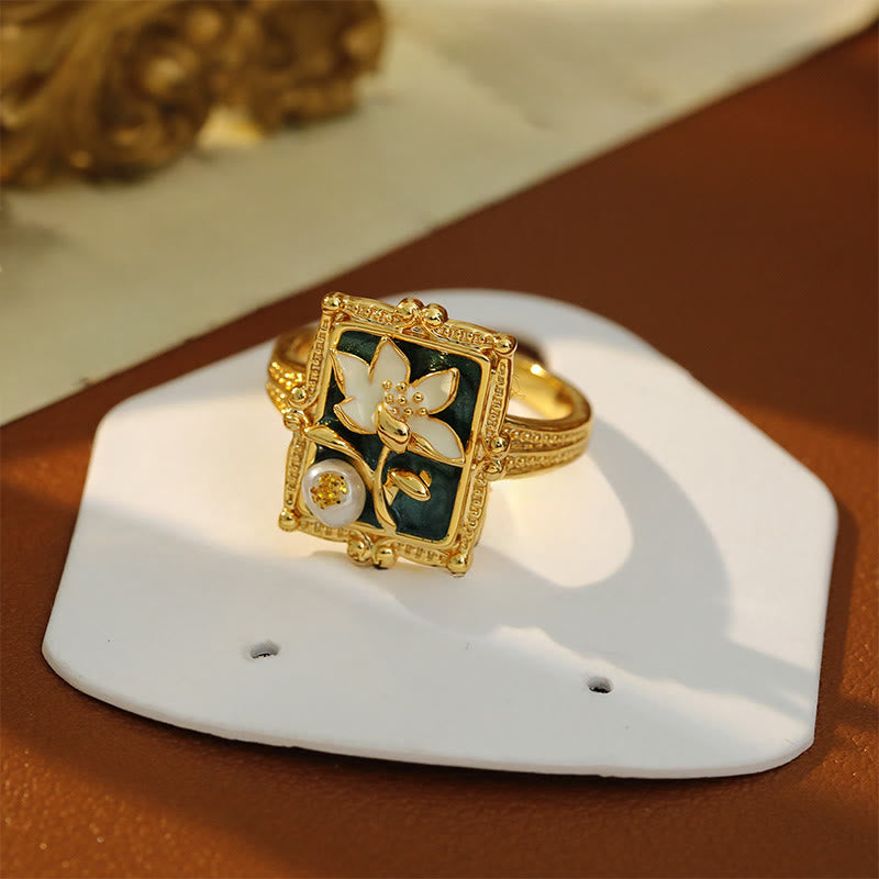 Vintage Lotus Pearl Copper Ring – on ceramic stand over velvet, green enamel lotus with gold frame, bohemian ring