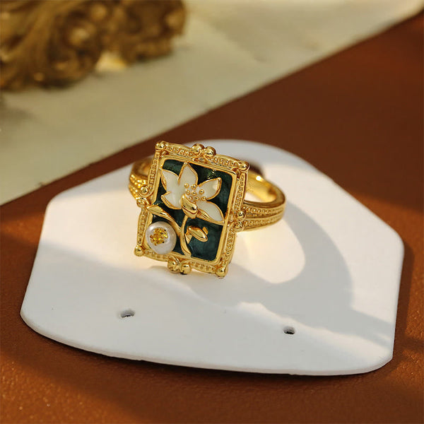 Vintage Lotus Pearl Copper Ring – on ceramic stand over velvet, green enamel lotus with gold frame, bohemian ring