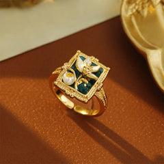 Vintage Lotus Pearl Copper Ring – square bezel with teal enamel lotus and crystal pavé on leather, statement ring