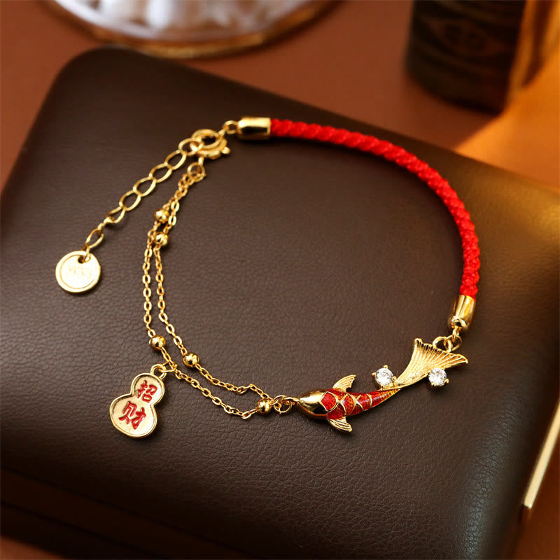 Koi Fish Wealth Gourd Red String Bracelet – red cord bracelet with koi and gourd charms on festive background