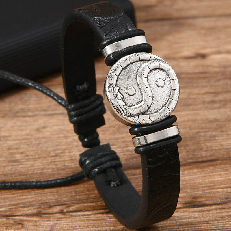Leather Yin Yang Dragon Bracelet – side profile showing medallion depth and cord lacing system, Harmony