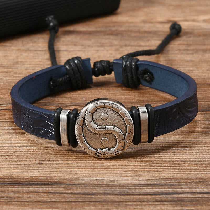 Leather Yin Yang Dragon Bracelet – antique silver medallion with cord closure on navy leather, Balance