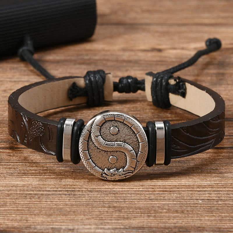 Leather Yin Yang Dragon Bracelet – embossed leather band with adjustable black cord knot closure, Balance