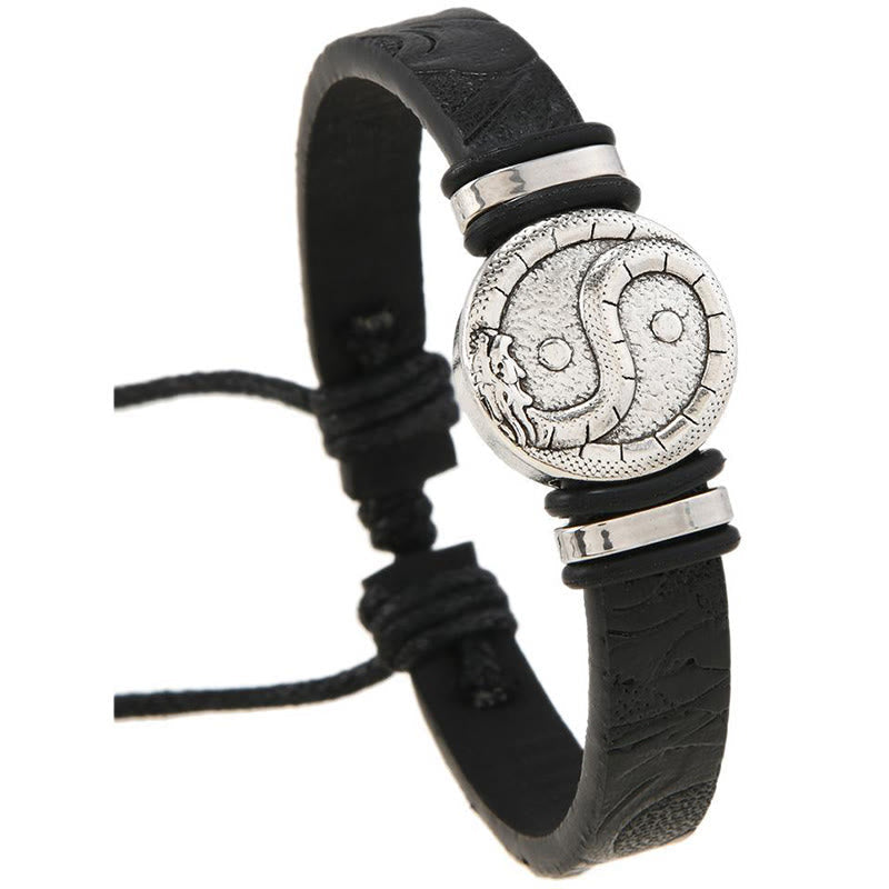 Leather Yin Yang Dragon Bracelet – white background hero shot with dragon-yin yang centerpiece, Strength