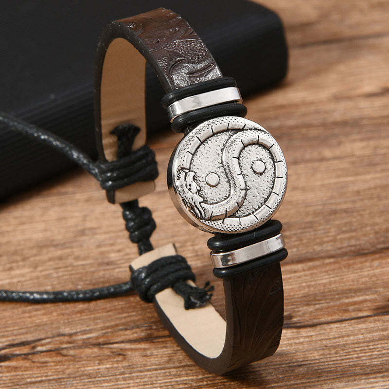 Leather Yin Yang Dragon Bracelet – angled side view revealing dragon-scale leather texture and silver rings, Harmony