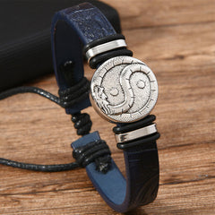 Leather Yin Yang Dragon Bracelet – three-quarter view showing dragon-integrated yin yang medallion, Harmony