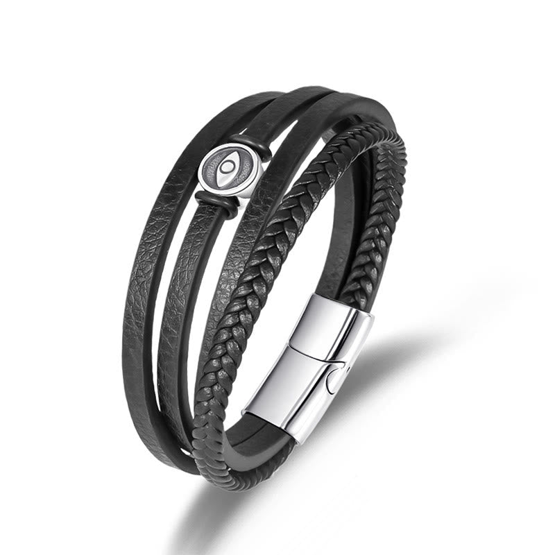 Braided Leather Bracelet – Black leather strands with silver evil eye charm on white, men's bracelet