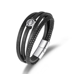 Braided Leather Bracelet – Black leather strands with silver evil eye charm on white, men's bracelet