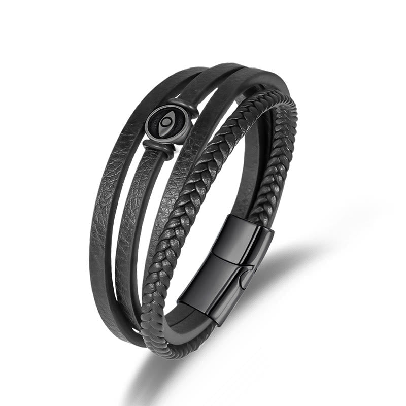 Leather Balance Bracelet – Three black leather strands with evil eye charm and magnetic clasp, white
