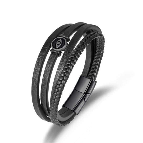 Leather Balance Bracelet – Three black leather strands with evil eye charm and magnetic clasp, white