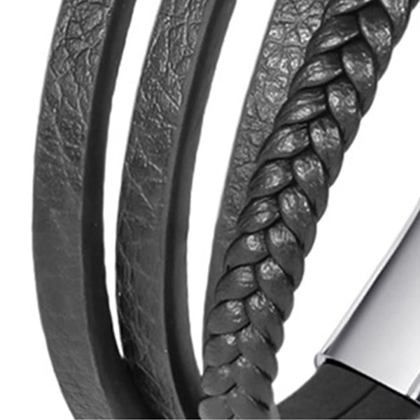 Leather Balance Bracelet – Black leather strands with silver eye charm close-up, white background