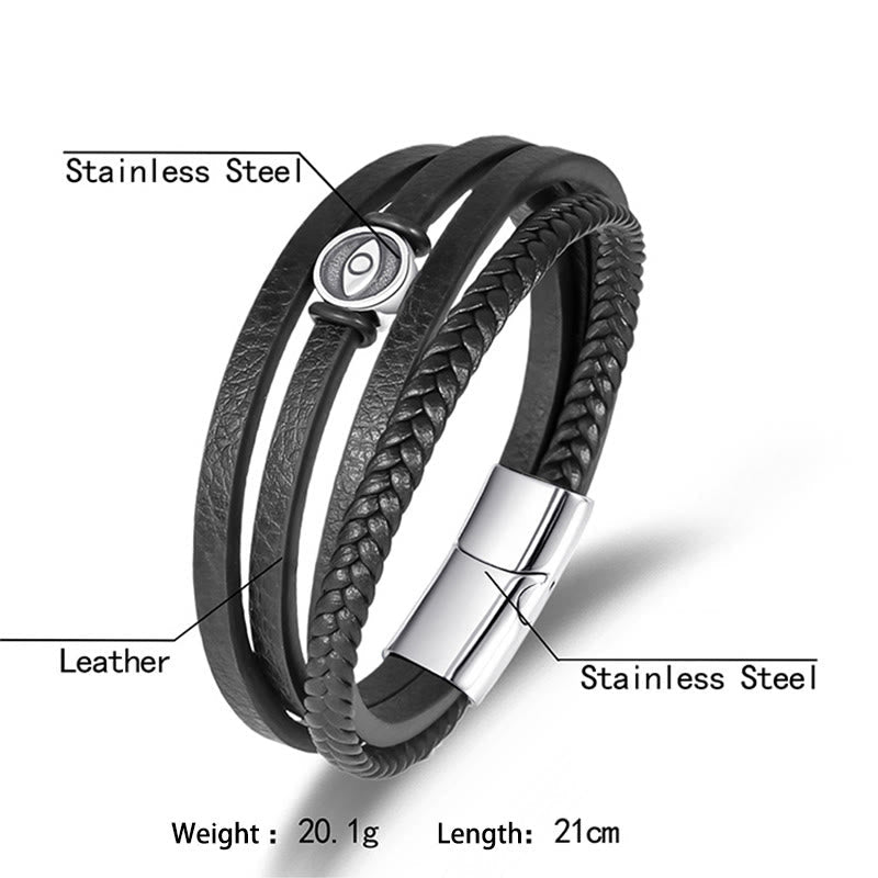 Braided Leather Bracelet – Flat and braided black leather with stainless steel eye bead, white backdrop