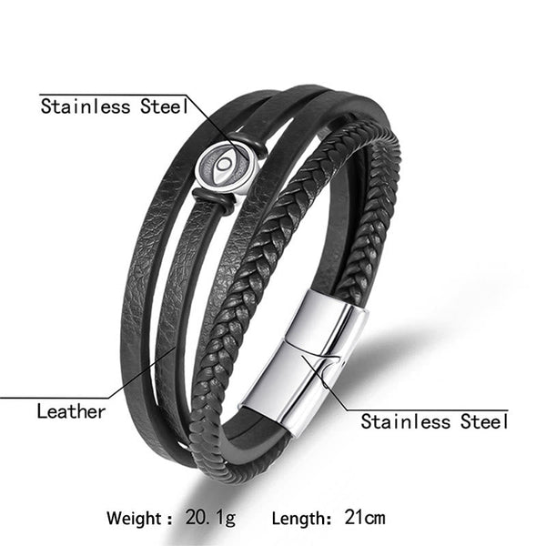 Braided Leather Bracelet – Flat and braided black leather with stainless steel eye bead, white backdrop