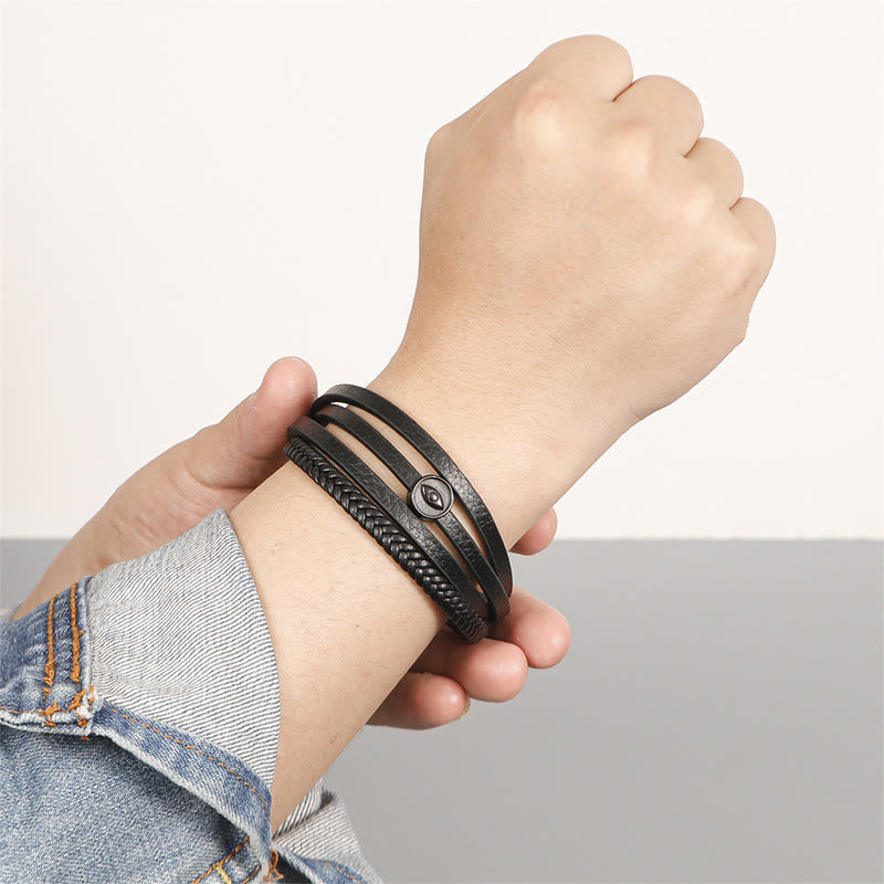 Braided Leather Bracelet – Multi-layer black leather on wrist with denim jacket, men's worn shot